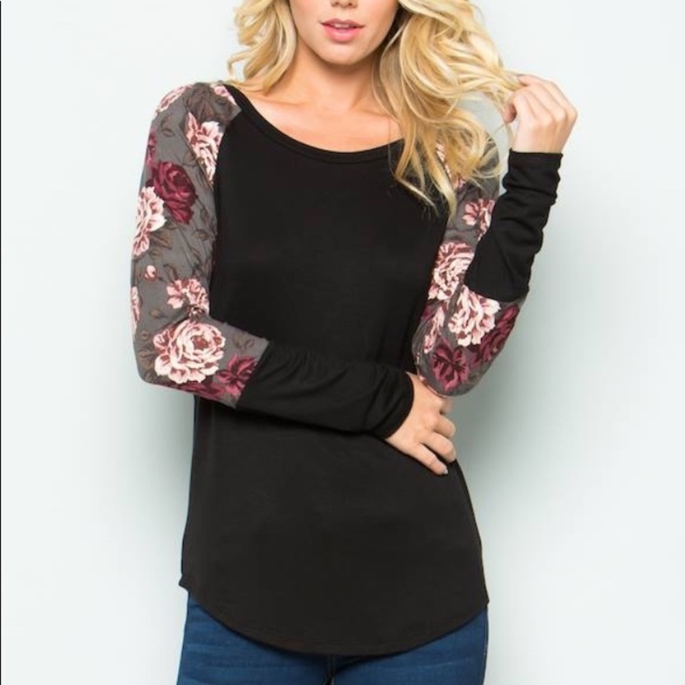 Brand new Black Raglan with Gray Floral Sleeves
